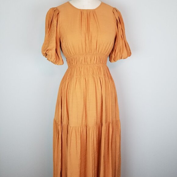 Moon River Copper A Line Fitted Waist Midi Dress Balloon Sleeves Size XS - Picture 2 of 8